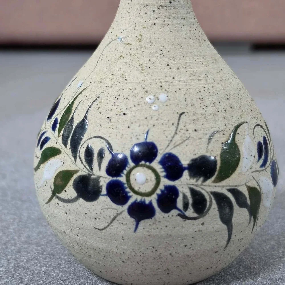 Ken Edwards Tonala Bud Vase Mexico Blue Floral Signed Pottery Excellent